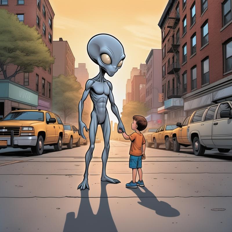 04303-1123622137-comic style, very creepy realistic grey alien standing in the street, sharking hands with a small boy, new york city, unsettling.png